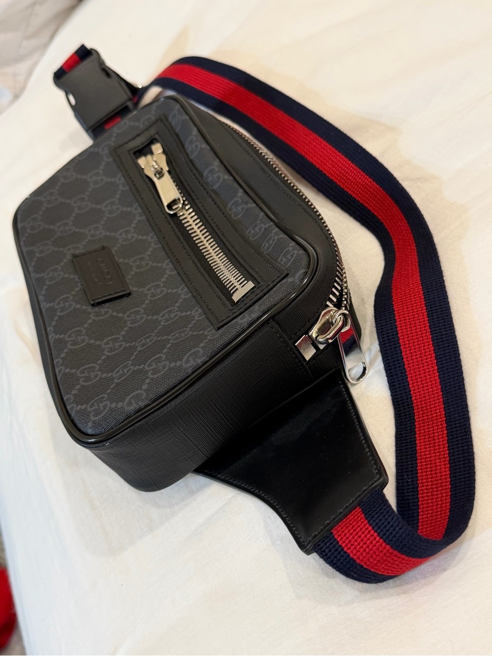 Gucci Black GG Supreme Belt Bag with Red and Navy Web Strap